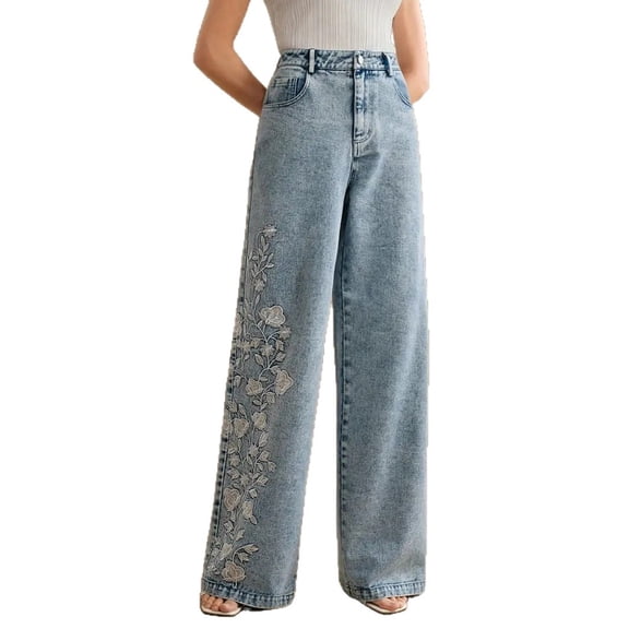 Women's Plus Size High Waist Embroidered Wide-Leg Jeans - Slight Stretch Denim Pants, Sky Blue Size XXL