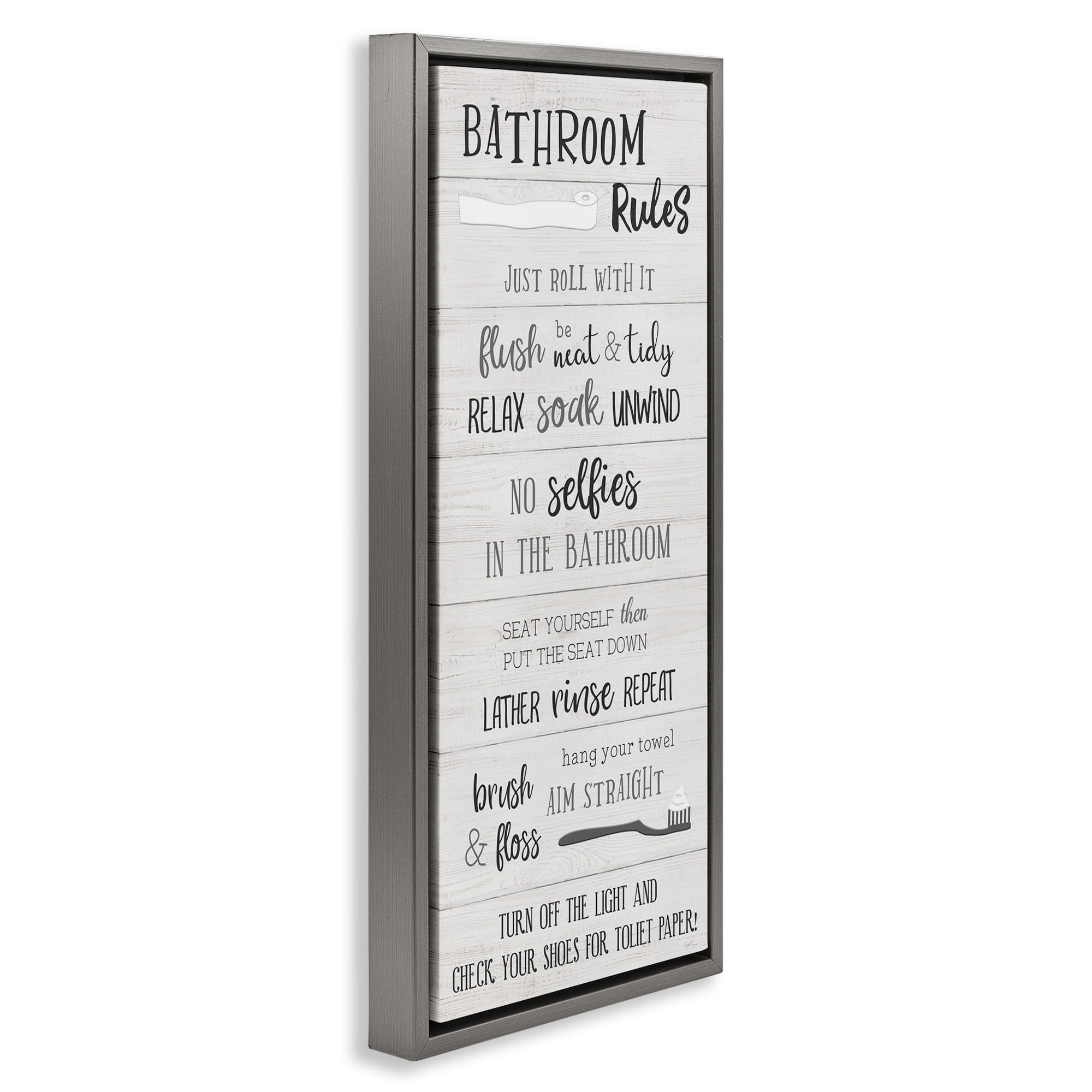 Stupell Industries Fun Bathroom Rules Sign Abstract Painting Gray Floater Framed Canvas Art Print Wall Art, 11 x 25