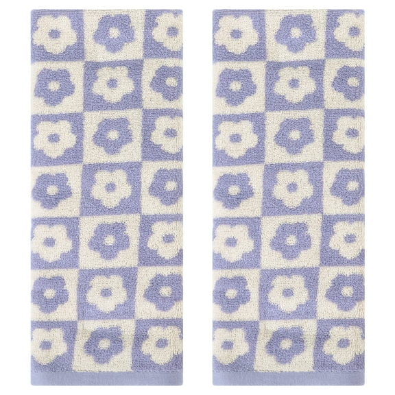 Unique Bargains Checkered Floral Hand Towels Soft Absorbent Bathroom Towel Purple 2-Piece