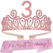 MEANT2TOBE Pink 3rd Birthday Sash and Tiara Set - Glitter Sash + Rhinestone Tiara for Girls, Perfect Princess Party Gifts