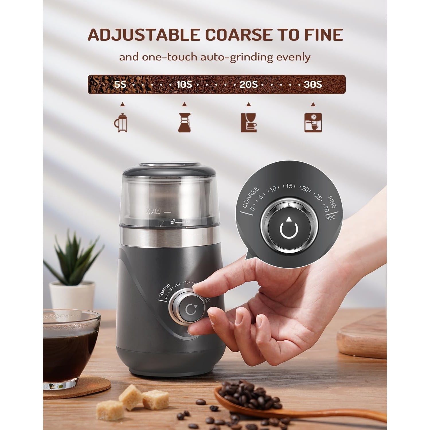 Electric Super Silent Blade Coffee Grinder, Timed Grind Control Rotary Knob, Adjustable Coarse to Fine for Coffee Beans, Spices & Herbs, with 1 Removable Stainless Steel Bowl,Light Gray
