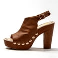 thumbnail image 2 of FSJ Women Studded Platform Heels Slingback Sandals Wooden Block Heel Ankle Strap Peep Toe Mules Shoes Size 8 Brown, 2 of 5
