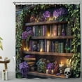 thumbnail image 3 of Gothic Bookshelf Shower Curtain Antique Stone Wall Spooky Skull Magic Bookcase Purple Rose Floral Green Vine Plant Halloween Bathroom Decor Curtain Sets with Hook-72"W x 78"L (Pack of 1), 3 of 7