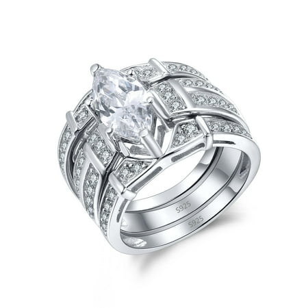 Ladies Bridal Rings Set 925 Solid Sterling Silver Women Marquise Cut Cubic Zirconia Rings Bridal Sets Sizes 5-11 ()