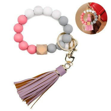 Silicone Key Ring Bracelet, Car Keychain Beaded Wristlet Tassel for Women and Girls