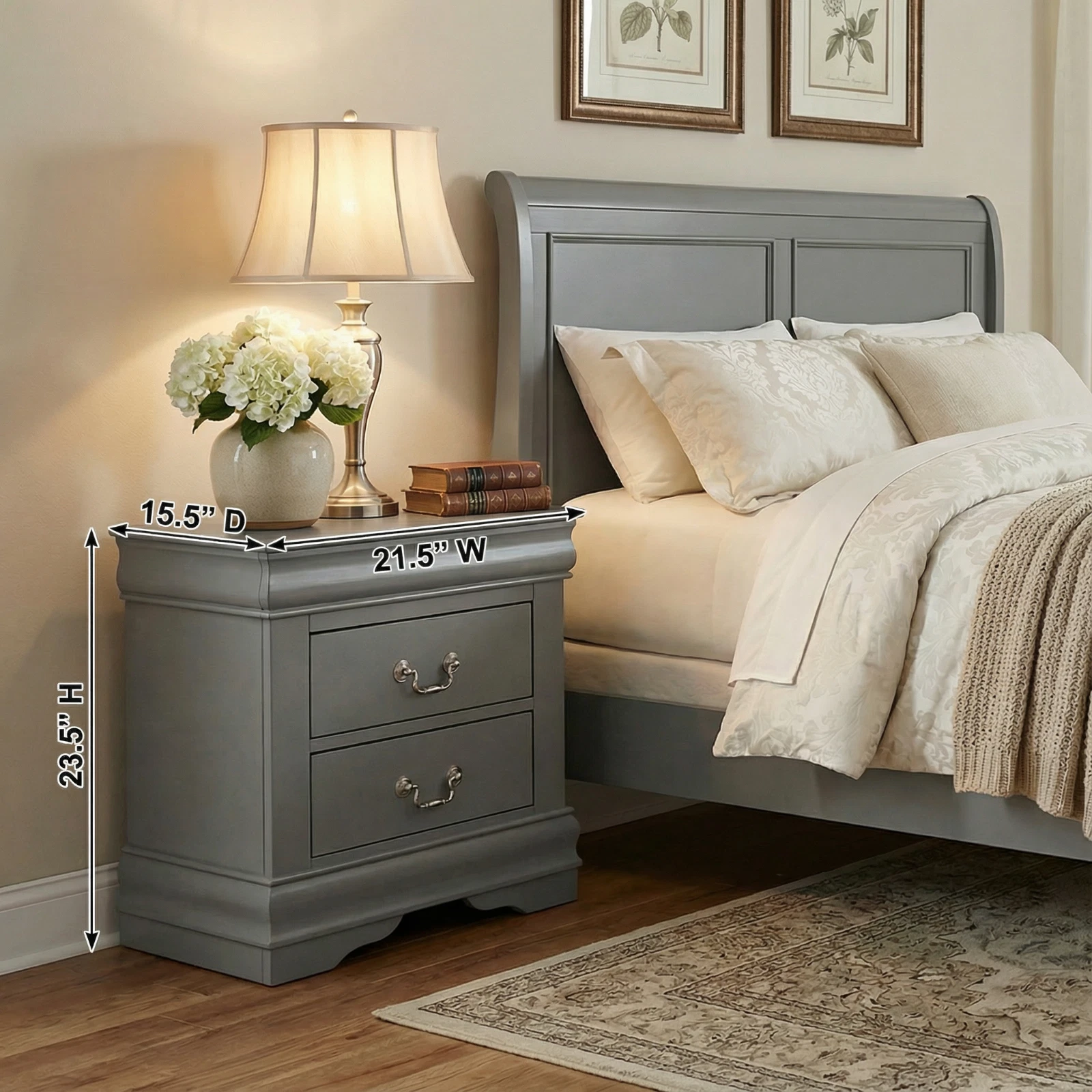 Fully Assembled Nightstand with 2 Drawers Solid Wood End Table Traditional Style Bedroom Funiture 1PC