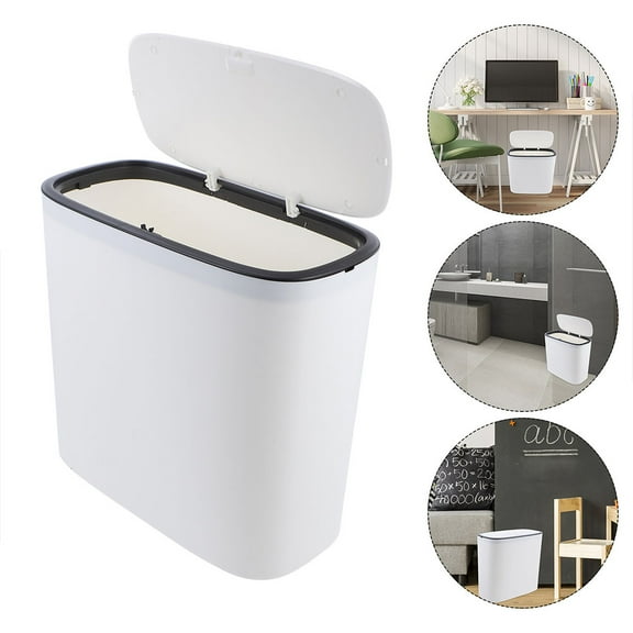 HONMEET Press Type Lidded Trash Container White Plastic Waste Basket