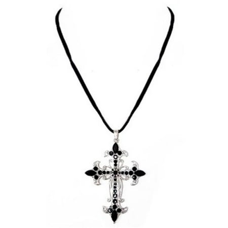 C Jewelry Jet Glass Crystal Silver Cross Pendant Black Suede Necklace