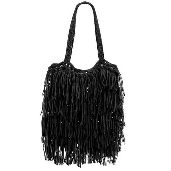 Aueoeo Women'S Shoulder Bag Crochet Tassel Beach Tote Bag Acrylic Knitted Shoulder Purse Ladies Bag Black