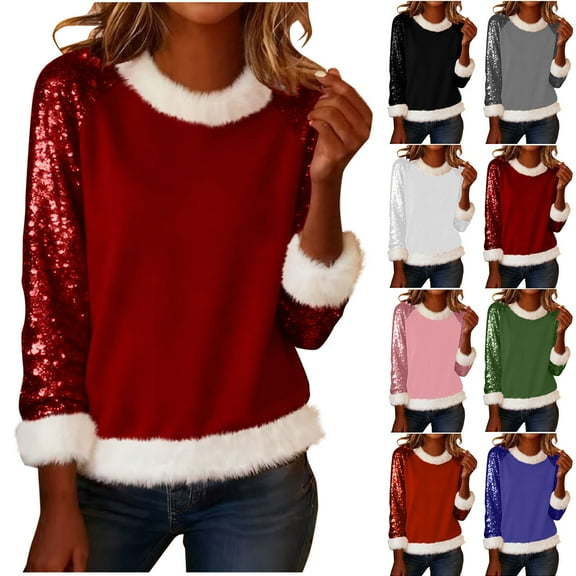 Oksale Fuzzy Trim Sequin Tops for Women Sparkly Christmas Shirts Loose Long Sleeve Fall Winter Blouses Crew Neck Tee Pullover Gray M