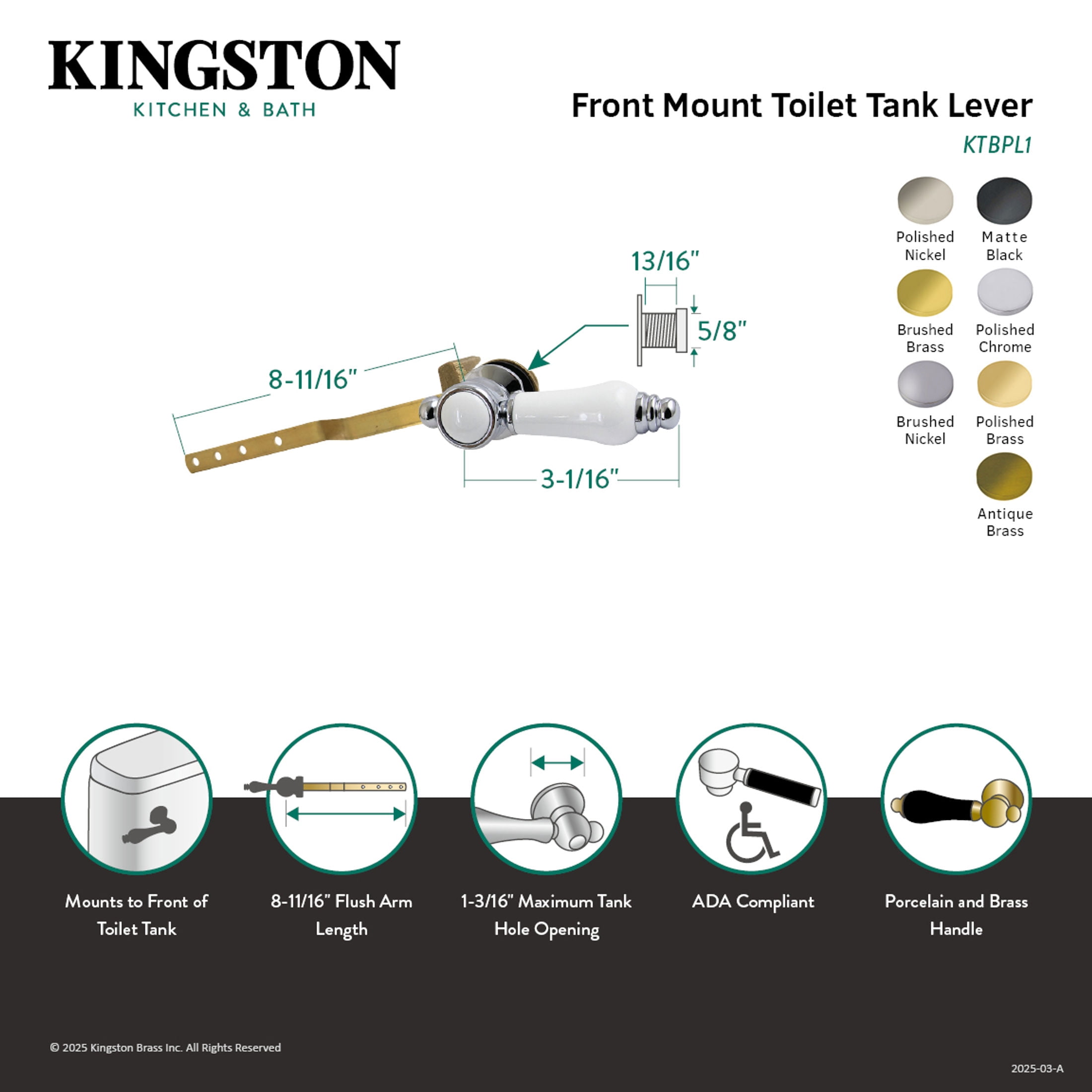 Kingston Brass KTBPL3 Bel-Air Front Mount Toilet Tank Lever in Antique Brass