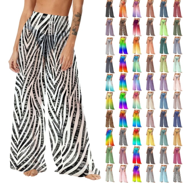 Pincandy Women See Through Sheer Mesh Pants Beach Swimsuit Bikini Bottom Cover up Party Club Elastic High Waist Wide Leg Pants