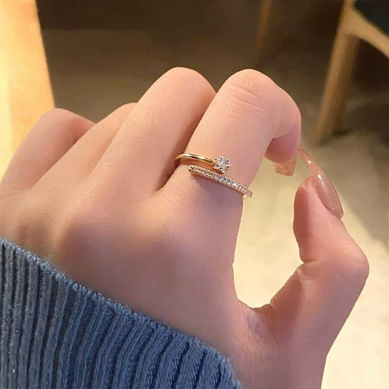 Baocc Ring Real Gold Electroplating Micro Set Zircon Ring Female Opening Adjustable Simple Fashion Index Finger Ring Jewelry Accessories Gold