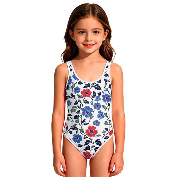 Grbisyd Girls Patriotic Suit Size 1-10 Years Cute Red White and Blue Swimsuit Girl Star Striped One Piece Swimwear for Summer Beach Wear