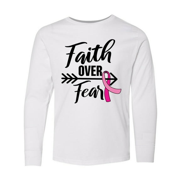 Inktastic Breast Cancer Awareness Faith over Fear with Pink Ribbon and Arrow Long Sleeve Youth T-Shirt