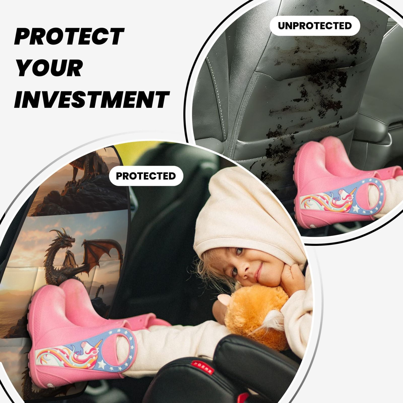 Xecao Sky Sunset Bronze Dragon Pattern Car Seat Back Protector 2 Pack Large Capacity Pocket, Kick Mats Back Seat Protector