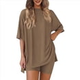 thumbnail image 1 of Conjunto de Dos Piezas para Mujer, Verano 2025, Informal, de Talla Grande, con Pantalones Cortos de Motociclista, Marrón, XL, 1 of 8