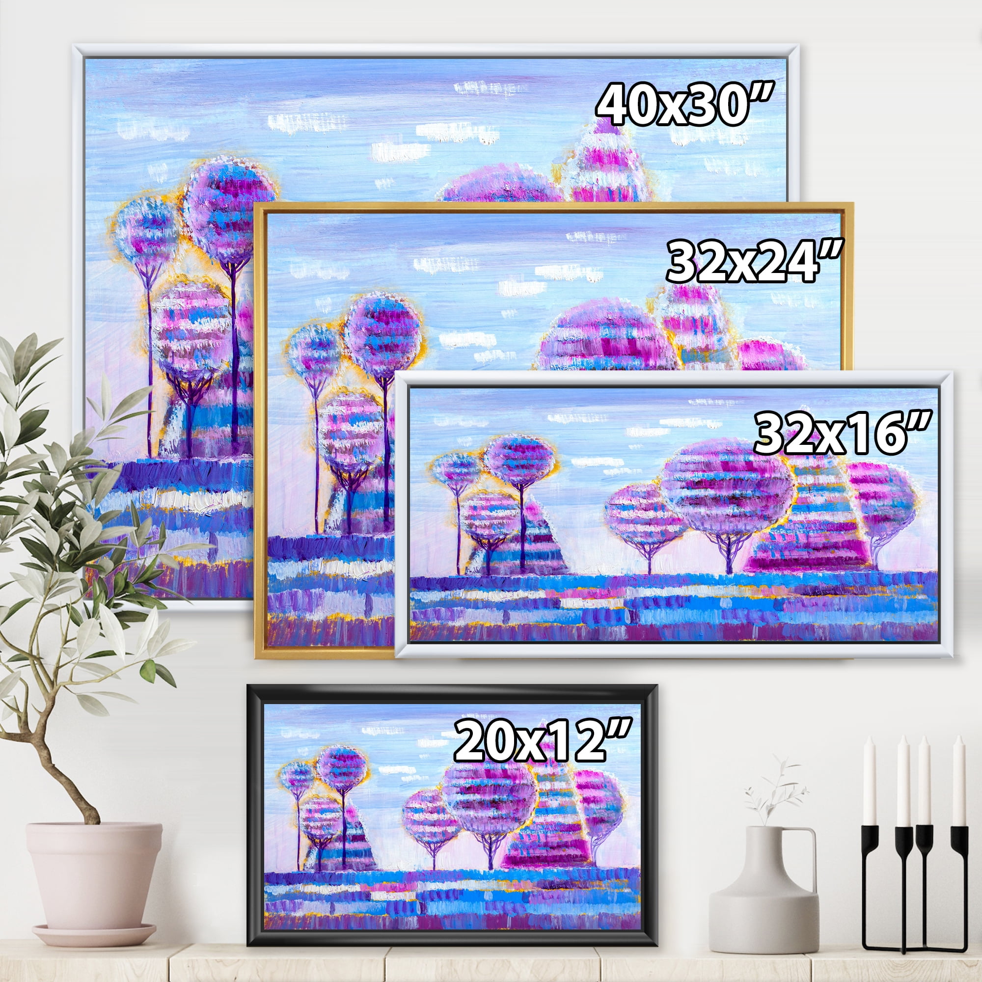 Designart 'Purple Coloured Tree Impression Landscape I' Modern Framed Canvas Wall Art Print