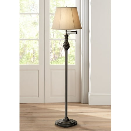 - Regency Hill Traditional Swing Arm Floor Lamp Painted Black Bronze Swirl Font Faux Silk Beige Shade for Living Room Reading Office