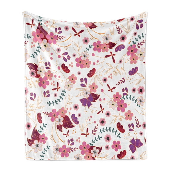 Botany Soft Flannel Fleece Throw Blanket, Cartoon Design Pattern of Spring Floweret and Blooming Branches Repetition Print, Cozy Plush for Indoor and Outdoor Use, 50" x 70", Multicolor, by Ambesonne