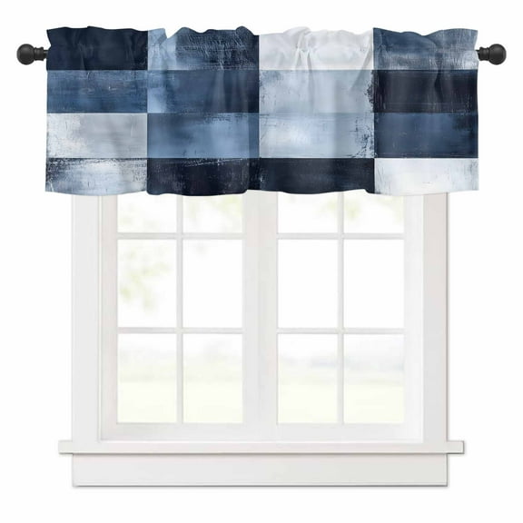 Valances for Windows Abstract Splicing Plaid Watercolor Navy Blue Valance Rod Pocket Window Treatments Curtains for Kitchen Small Windows Living Room Bedroom Bathroom, 42"x18"