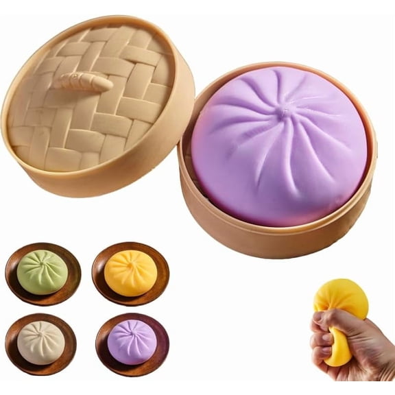 Dumpling Squishy Toy,Large Cute Fingertip Sensory Dough,A Steamed Bun-Shaped Stress-Relieving Toy Suitable for Adults and veryone,Perfect for Classroom Rewards and Party Gifts (Purple with Steamer)