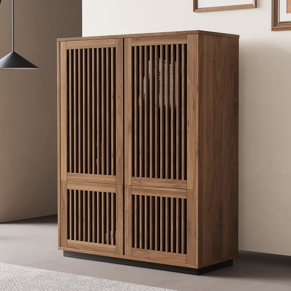 Pajiasen 34.84" Storage Cabinet with 4 Grille Doors, Mid Century Modern Sideboard Buffet Credenza Cabinet for Living Room, Kitchen and Dining Room, Walnut