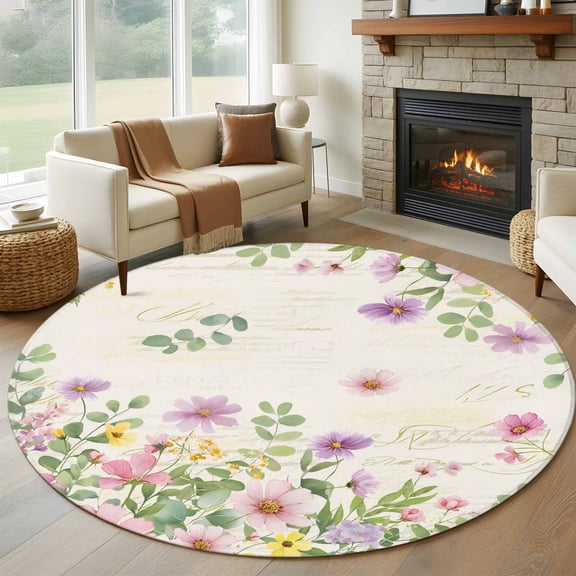 Large Round Rug 8Ft Washable Non-Slip, Pink Purple Flower Circle Area Rugs for Living Room Bedroom, Spring Vintage Country Floral Leaf Plant Indoor Floor Mats Carpet Runner for Home Decor