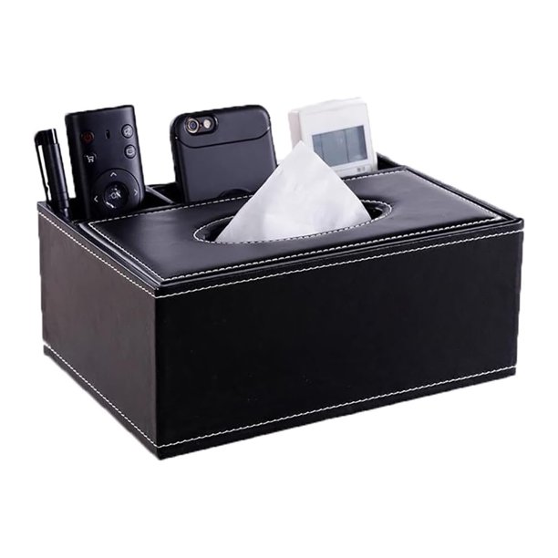 Funda para Caja de Pañuelos, Elegante de Caja de Pañuelos de Rectangular, con 3 Compartimentos, Cuero Multifuncional, Organizador para Control Remoto y Papelería, Ideal para Hogar y Oficina (Negro)
