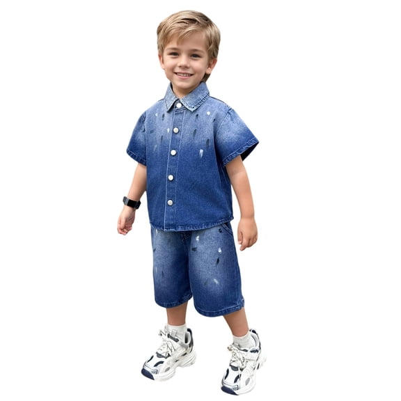 Bysome Boys Outfit Set Graphic Print Short Sleeve Lapel Neck Shirts With Shorts Outfit Quick Dry Boys Set Size 3-4 Years Blue