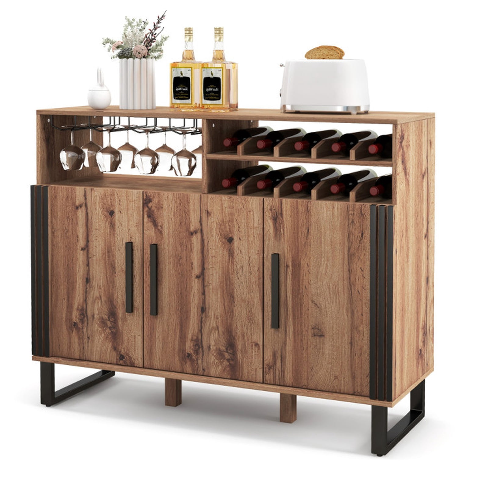 Furnibear 47" Wine Bar Cabinet with Wine Rack and Storage with Adjustable Shelves for Kitchen Pantry - Brown