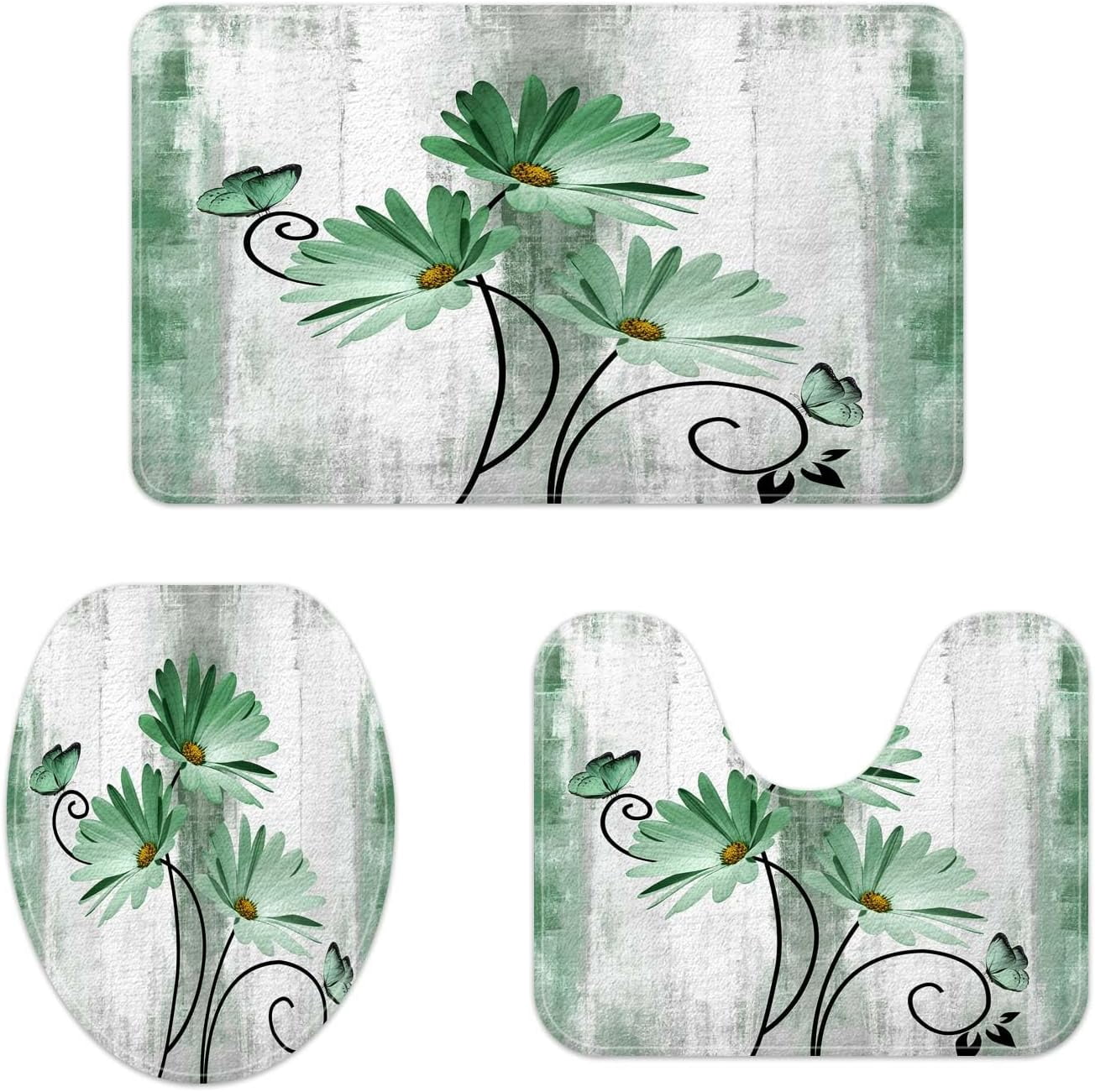 Rustic Farmhouse Bath Mat Set, Farm Greed Daisy Floral Flowers and Butterfly on Country Wooden Bathroom Mat Set with Non-Slip Bath Rug, Soft Toilet Lid Cover and Contour Mat, Turquoise Greed (Greed)