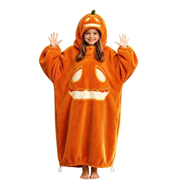 Wearable Blanket Hoodie for Boys Girls, Soft Pumpkin Hooded Blanket for Halloween Home Lounge Pumpkin Suit
