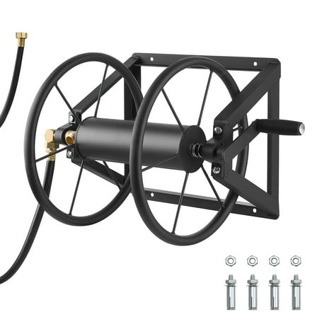 VEVOR Wall Mounted Garden Hose Reel, Holds 200 ft 5/8-inch Manual Water Hose Winder, Heavy-Duty Steel, Outdoor Reel with Brass Fitting & 5ft Leader Hose, Space Saving, for Yard Lawn Garage