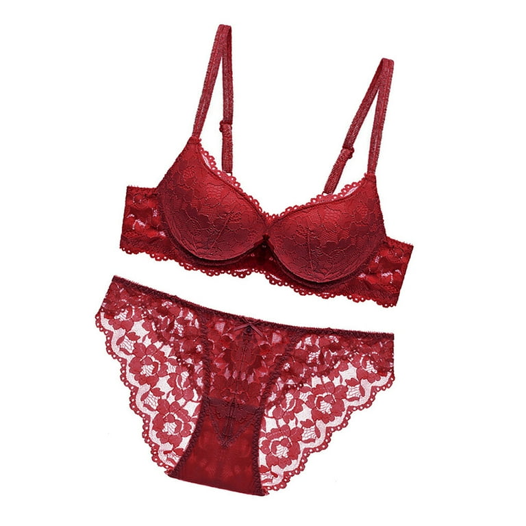 Linyer Lace Bra Set Push up Adjustable Girls Underwear Hollow Breathable  Lingerie Wine Red 38/85B