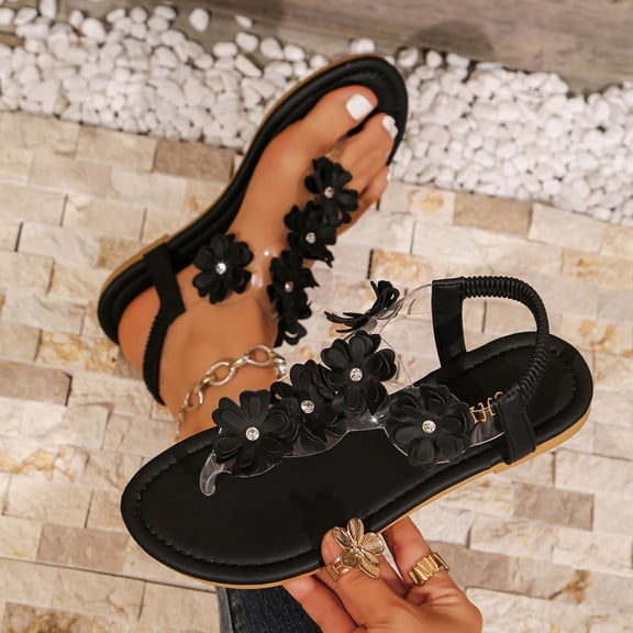 Ytobaz Flat Sandals for women Floral T Strap Clear Band Sandals Open Toe Slingback Shoes Beach Vacation Wedding Travel Daily Casual Footwear