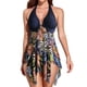 thumbnail image 3 of Traje de baño dividido Patrón de estampado elegante Cuello halter Dobladillo de malla irregular Sin espalda Traje de baño de dos piezas Conjunto de bikini Azul oscuro 4XL, 3 of 6
