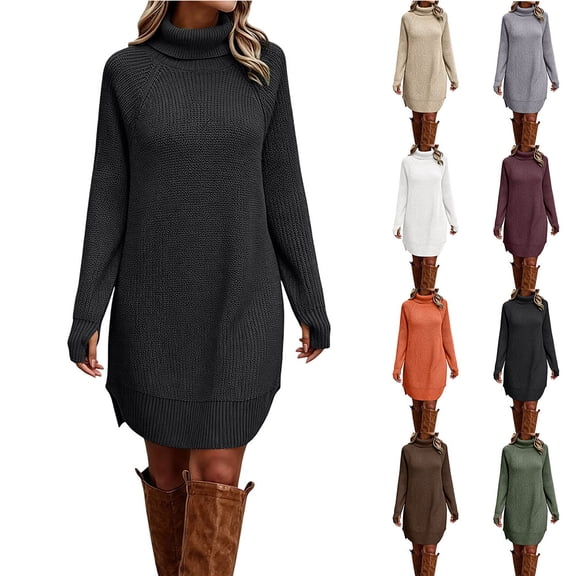 Otvok Womens Loose Knit Pullover Dress, Turtleneck Long Raglan Sleeve Gown, Ribbed Cuffs Warm Winter Sweater Dress