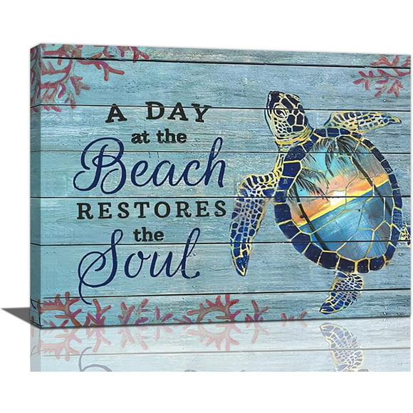 AIR-Sea Turtle Wall Art Beach Coast Scenery Pictures Wall Decor A Day At The Beach Restores the Soul Canvas Painting Prints Artwork Modern Home Decoration Framed for Living room Bedroom Bathroom Offi
