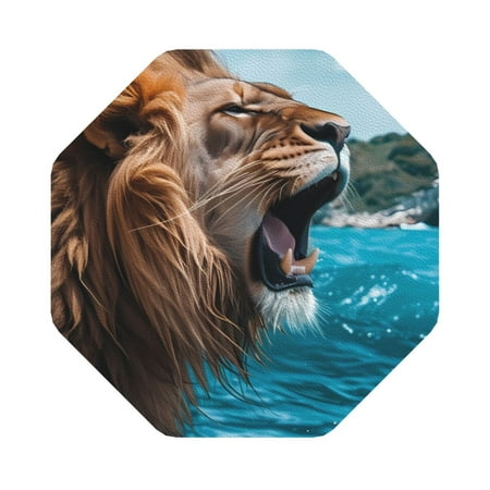 

Coaee Ice Blue Coastal Lion Print Leather Coasters Set of 6 Non-Slip Washable Cup Coasters for Home Office Bar Octagon