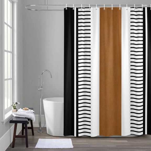 Vintage Farmhouse Shower Curtain for Bathroom Decor, Leather Brown Black Texture Stripes Waterproof Fabric Shower Curtain, 48"x72" Set with 12 Hooks