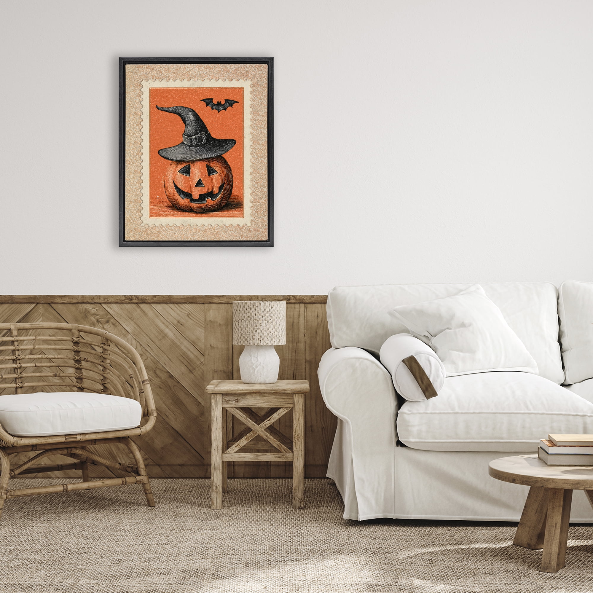 Vintage Jack-o-Lantern Stamp Black Framed Floater Canvas Wall Art, design by Arlington Prints