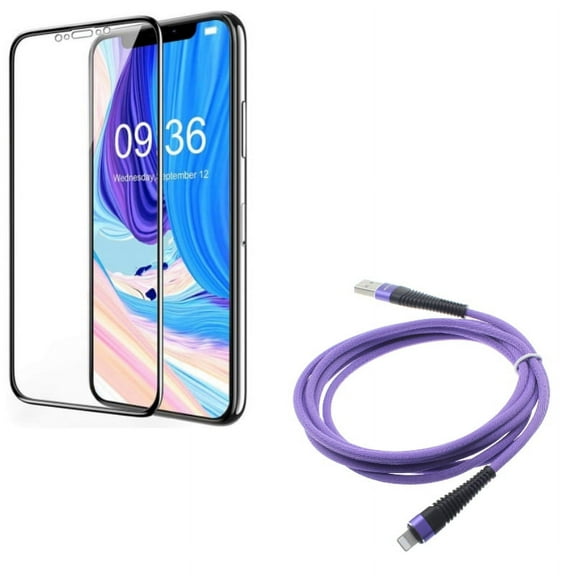 iPhone XS/X - Purple 10ft USB Cable w Ceramics Screen Protector - Charger Cord Power Wire Braided Long Sync, Matte 3D Curved Edge Full Cover Anti Glare Anti Fingerprint 9H Hardness