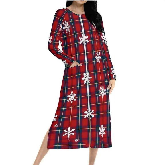 Womens Christmas Nightgowns Long Sleeve Xmas Plaid Bathrobe Zipper Front Housecoats Split Holiday Sleepwear Red, XXL