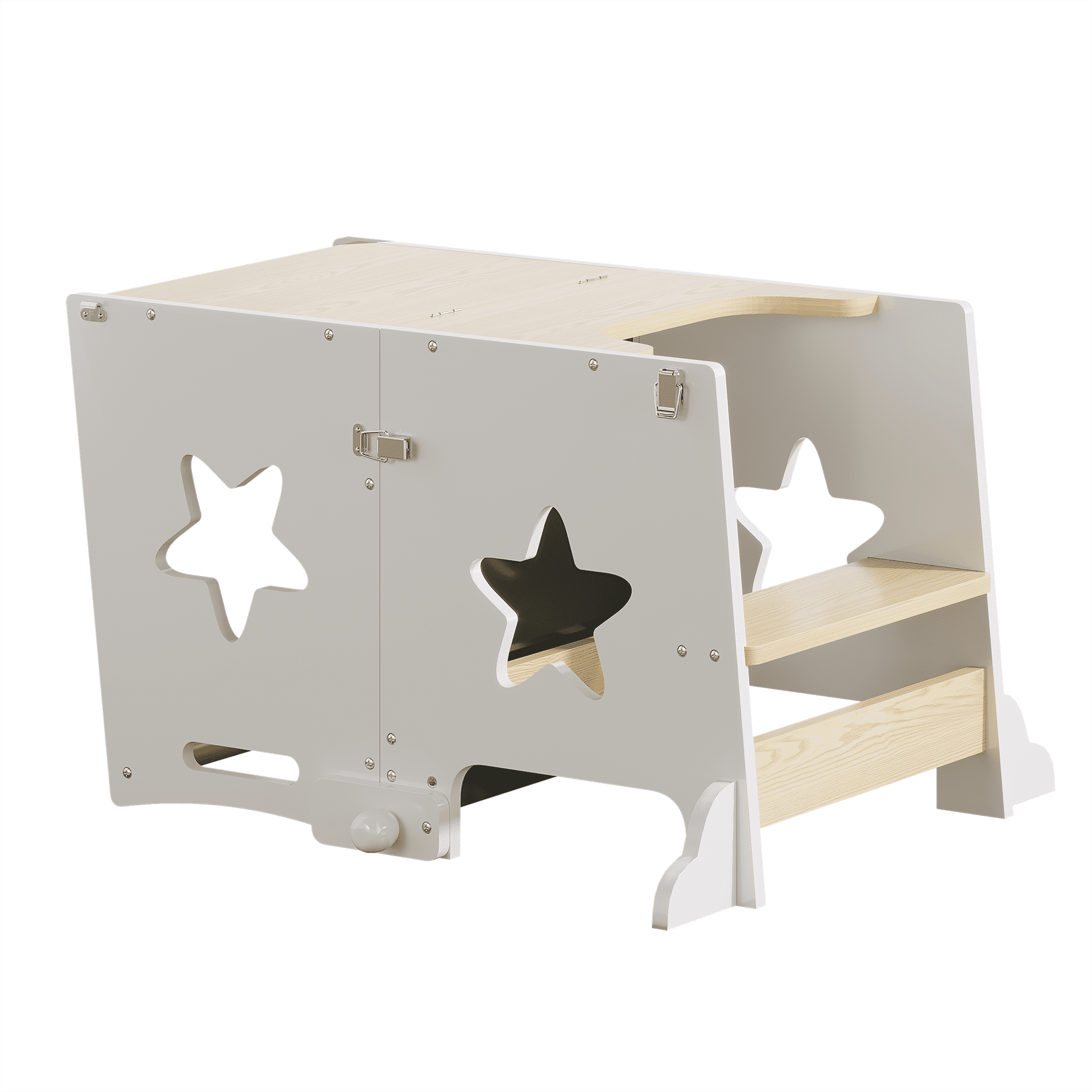 3-in-1 Toddler Kitchen Step Stool with Chalkboard, Foldable Convertible Learning Standing Tower Helper Table and Chair Set, White Natural