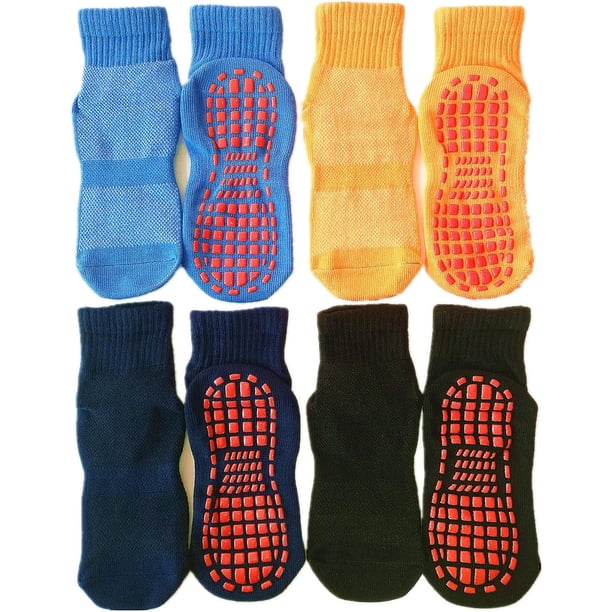 Leeshow - 4 pares de calcetines antideslizantes para cama elástica para niños, calcetines antideslizantes para ejercicio, gimnasio, yoga y pilates, Amarillo, azul marino., 6-9years