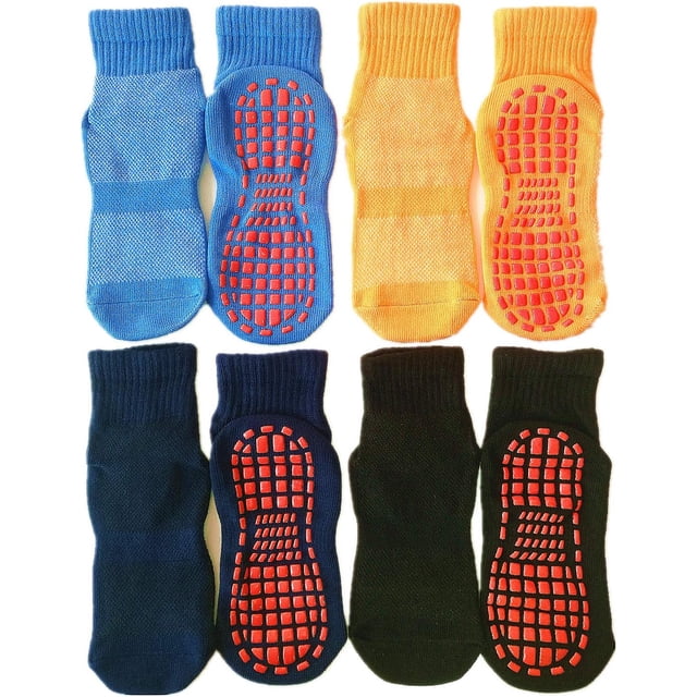 Leeshow - 4 pares de calcetines antideslizantes para cama elástica para niños, calcetines antideslizantes para ejercicio, gimnasio, yoga y pilates, Amarillo, azul marino., 6-9years