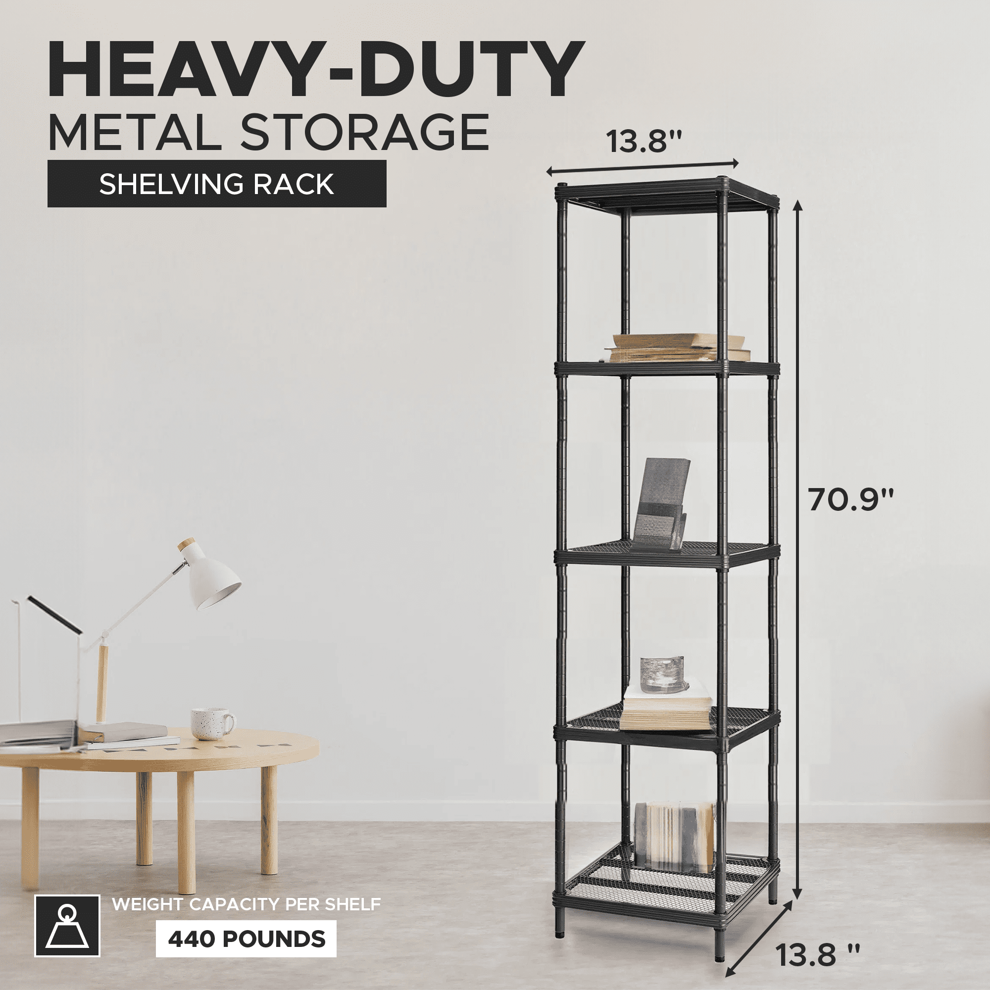 Design Ideas MeshWorks 5 Tier Metal Storage Shelving Unit Tower, Black