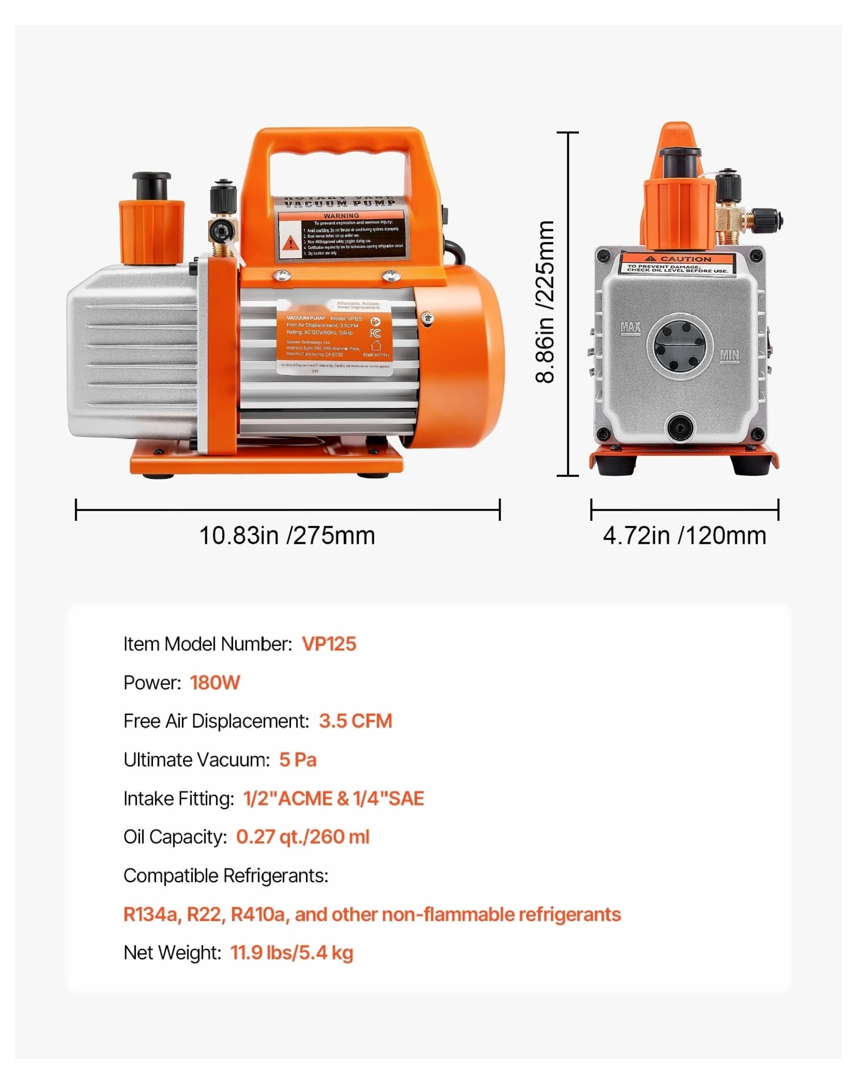 AC Vacuum Pump 3.5 CFM HVAC Single Stage Rotary Vane Pump with Oil