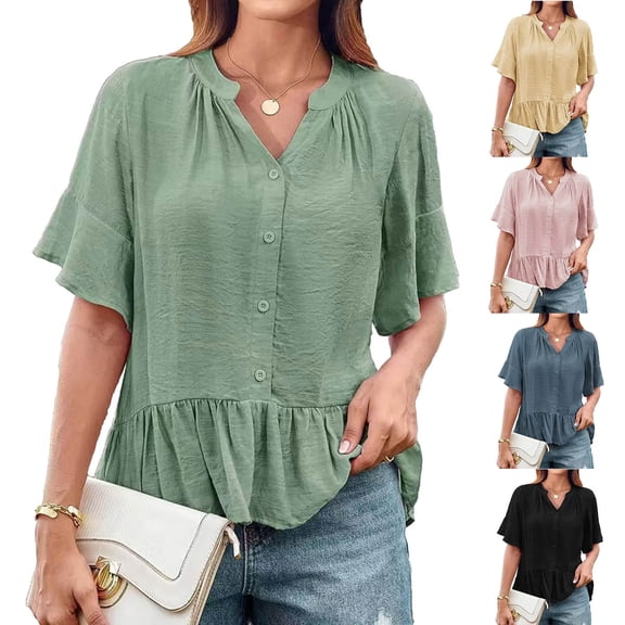 Women Tshirts Trendy Sawvnm Women V-Neck Sleeve Button-Front Ruffled Hem Solid Loose Casual Blouse Tank Tops for Women Green XL